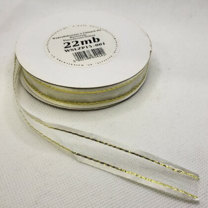 Wstążka satyna 1,5 cm/22m biała ze złotem