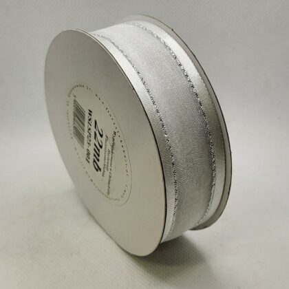 Wstążka satyna 2,5 cm/22m biała ze srebrem