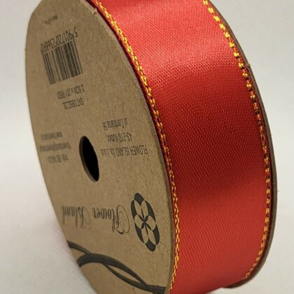 Taśma czerwona satynowa obszywana zł. nitką 2,5cm